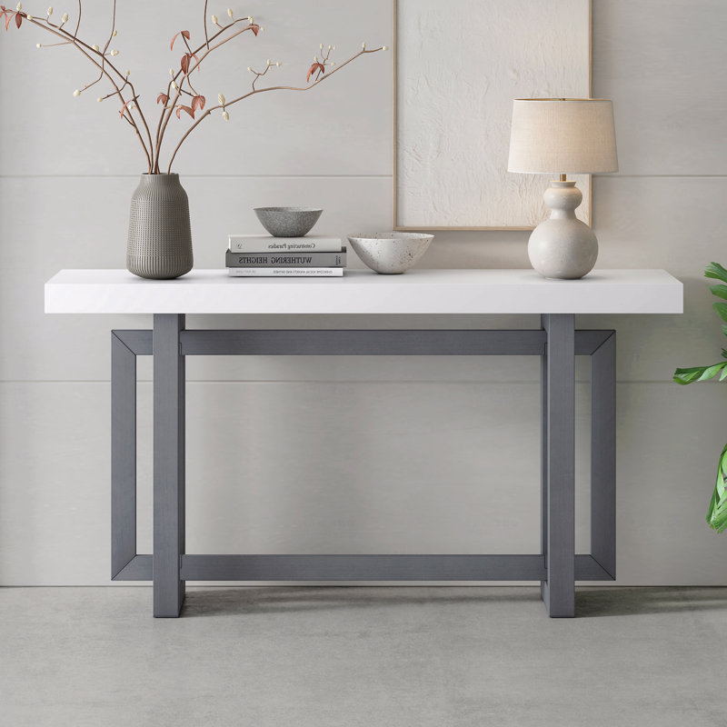 Console d'entrée de 59,1 po peinte, avec placage en pin, conception rectangulaire triple unique avec pieds en bois de pin épais, table de canapé extra longue polyvalente pour le couloir, le salon, la cuisine