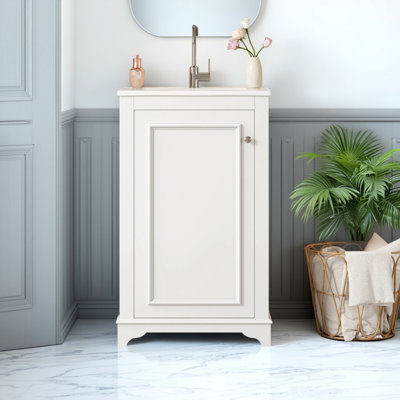 Meuble-lavabo moderne de 20 po avec lavabo en céramique, meuble-lavabo sur pied simple avec porte à fermeture en douceur et tablette réglable, petite armoire de rangement en bois massif