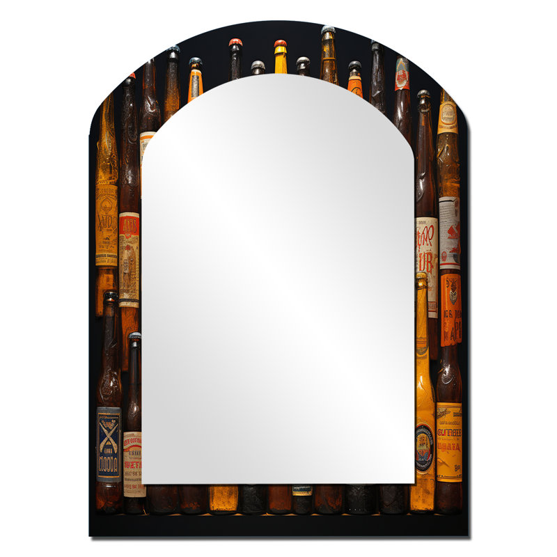«Beer Bottles Collage IX - Miroir asymétrique bière, miroir mural décoratif orange, impression sur métal, 34 po x 25 po