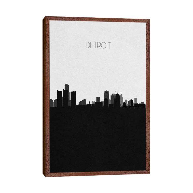 Detroit, Michigan City Skyline by Ayse Deniz Akerman - Print on Canvas, Classic Brown Wood Framed