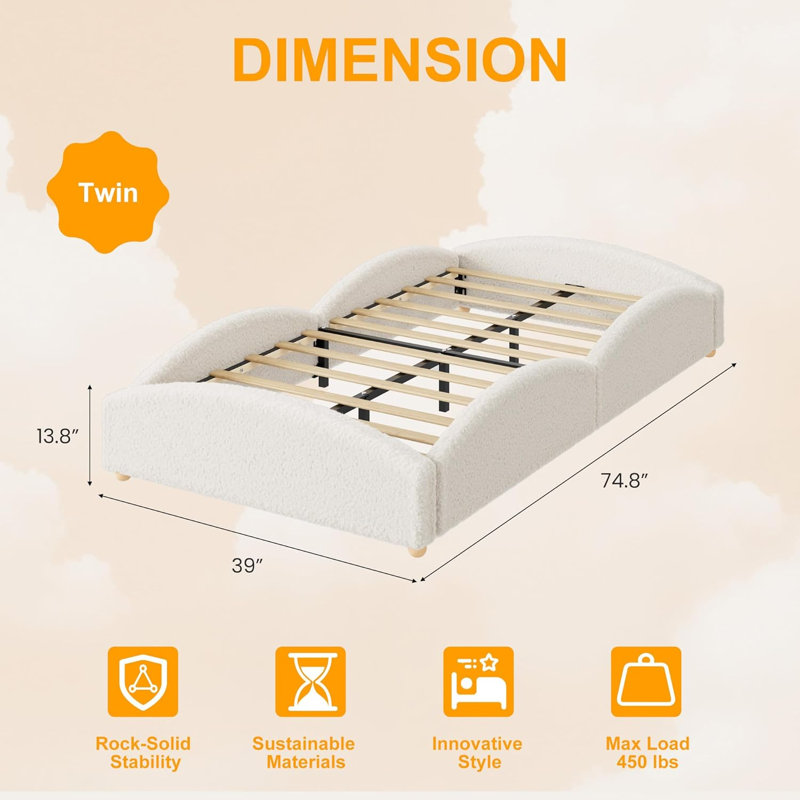 Lit de jour simple pour enfants, structure de lit tapissier avec côtés surélevés pour fixer le matelas, lit plateforme en tissu doux pour tout-petit, blanc crème