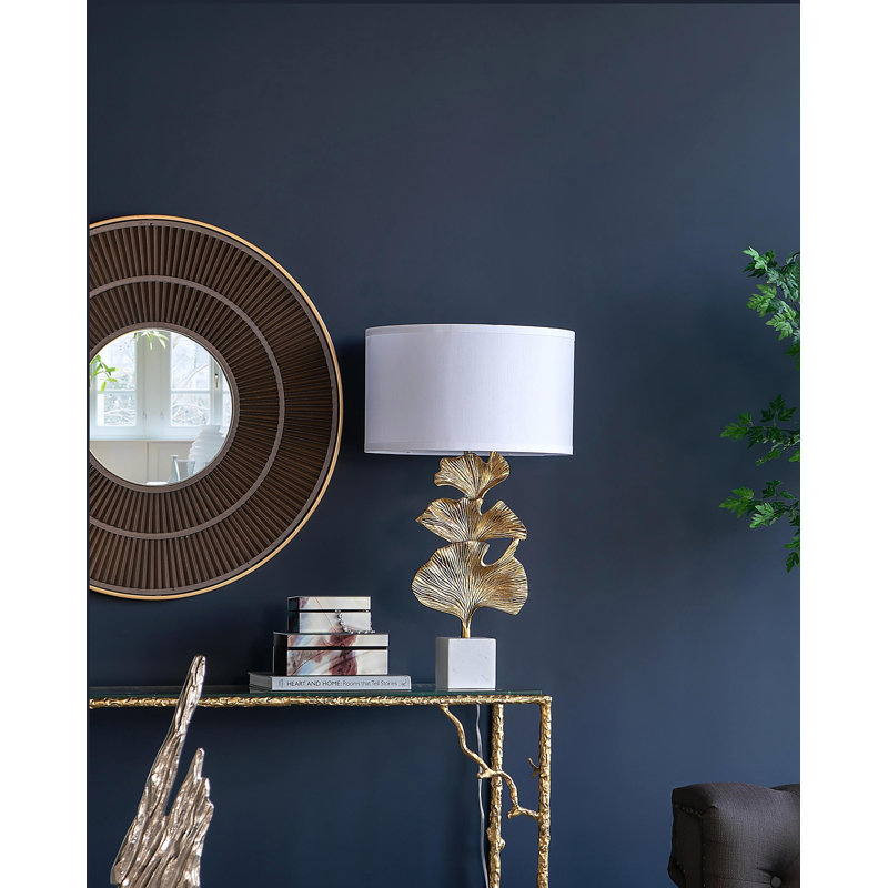 Lampe de table D17x30,2 "Ginkgo Gold Leaf avec base en marbre et abat-jour tambour blanc (assemblage de l'abat-jour requis)
