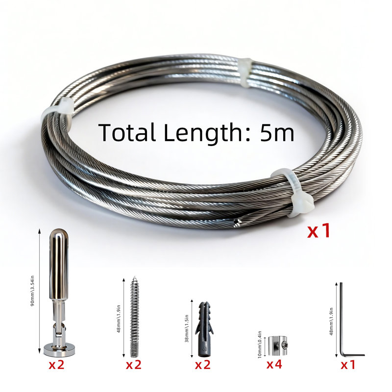 Ensemble de tringle à rideaux murale de 3 mètres, tringle à rideaux, corde de suspension robuste, câble en acier inoxydable