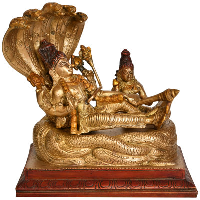 7" Sheshasayi Vishnu with Lakshmi Brass Statue - Handcrafted Hindu Deity Sculpture for Temple Decor