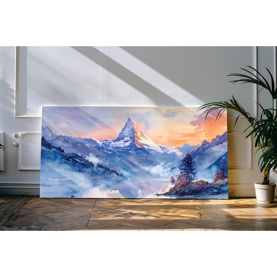 Gerahmtes Bild auf Leinwand 120x60cm Berggipfel Bergspitze Berge Blau Kunstvoll Natur