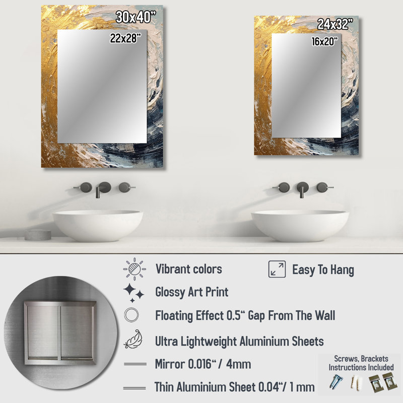Gold and Blue Spiral Nebula - Abstract Decorative Mirror On Metal, 40 po x 30 po
