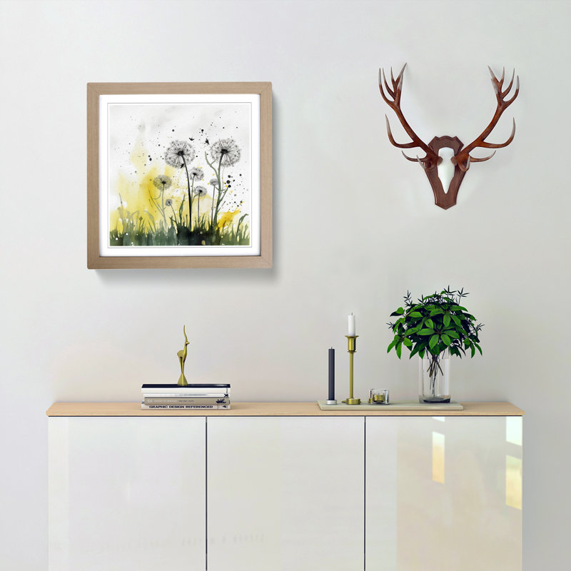 Dandelion Splatter Art No.1 - Single Picture Frame Print on Wood, Oak