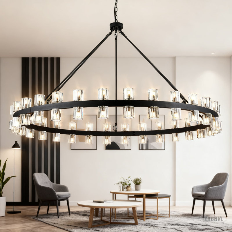 Lustre moderne en roue de chariot de style campagne moderne avec abat-jour en cristal, plafonnier noir à 60 lumières pour la cuisine de la salle à manger