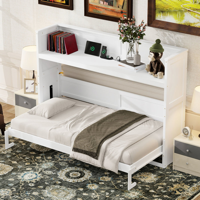Lit simple TG avec bureau, Finition blanche. Fabriqué en bois massif pour un bureau pratique ou un port de chambre d'amis. Construit avec une étable