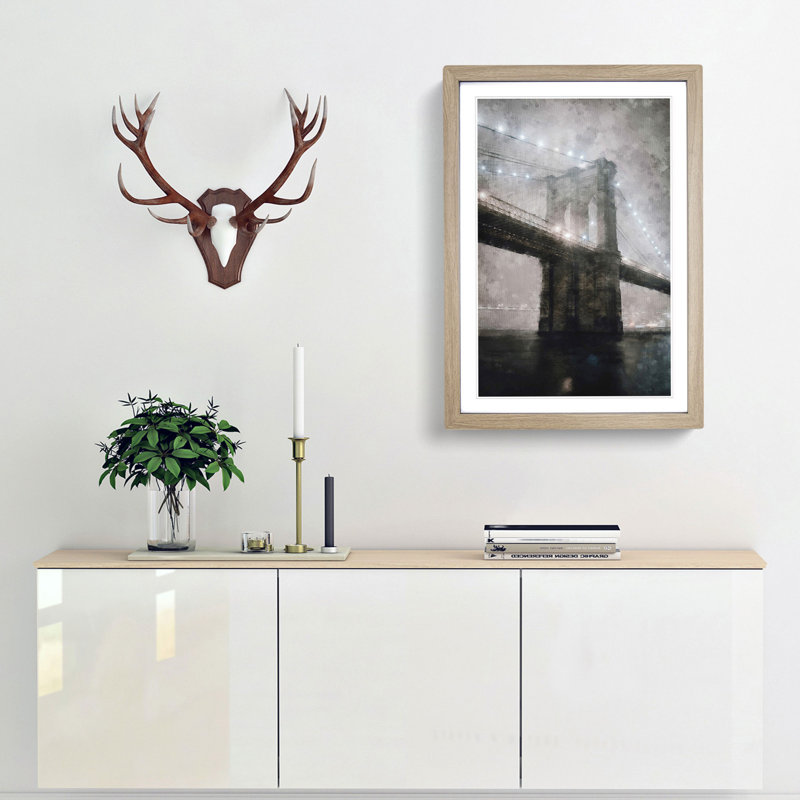 Lights of Brooklyn Bridge - Framed Print, 87cm H x 62cm W x 2cm D, Oak Framed