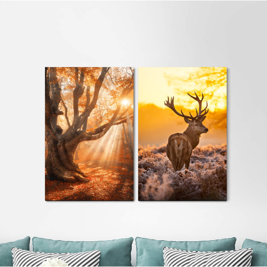 2-tlg. Leinwandbilder-Set - Fotografie „Autumn Deer Forest Big Tree Fairytale Like Light Rays Calming”