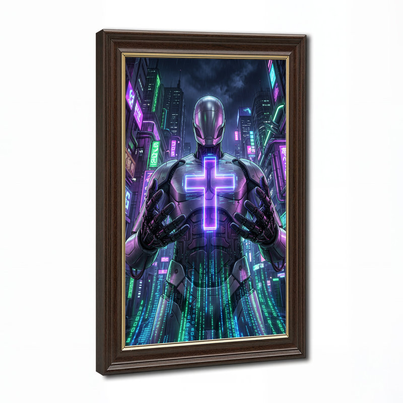 «Silver Robot with Glowing Purple Cross In Neon City», art mural sur toile, 24"H x 16"W