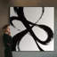 Impression sur tissu grand format - Art mural abstrait noir et blanc aux lignes fluides, idéal pour le salon ou la chambre - « Assemblage du cadre requis (cadre non fini) »-135869297