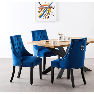 Schaub 4 Person Dining set - a Rectangular Wooden Dining Table with Metal Legs and a Set of 4 Quilted Ring Knocker Velvet Dining Chairs for Dining Room - Modern Dining Table Set