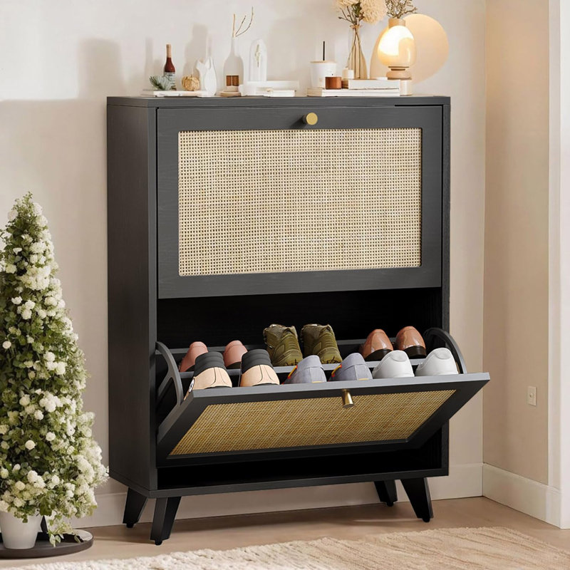 Aimara Rattan Shoe Storage Cabinet For Entryway, Boho Shoe Cabinet With  Flip Drawers & Metal Legs, Black