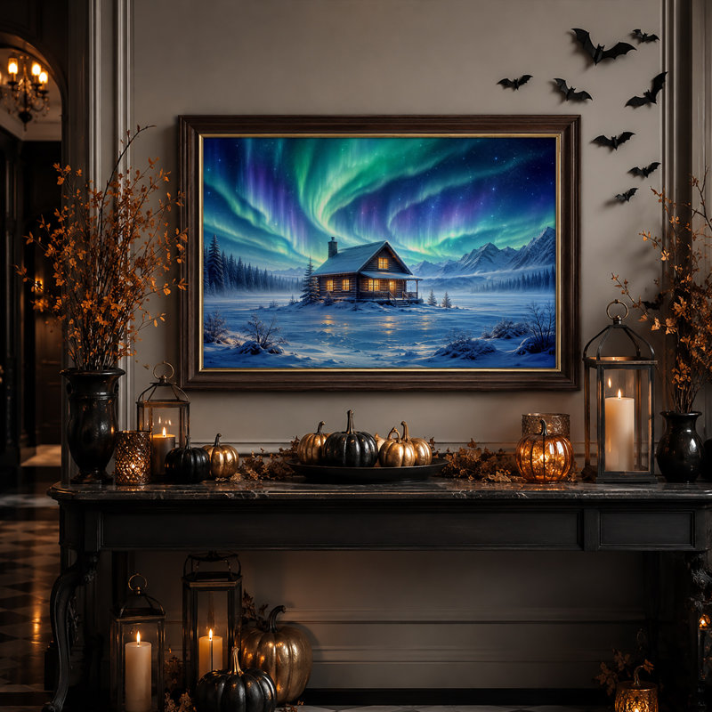 Cabane en bois rond illuminée sous une aurore boréale verte pour l'Halloween - Toile murale, H 16 po x l 24 po