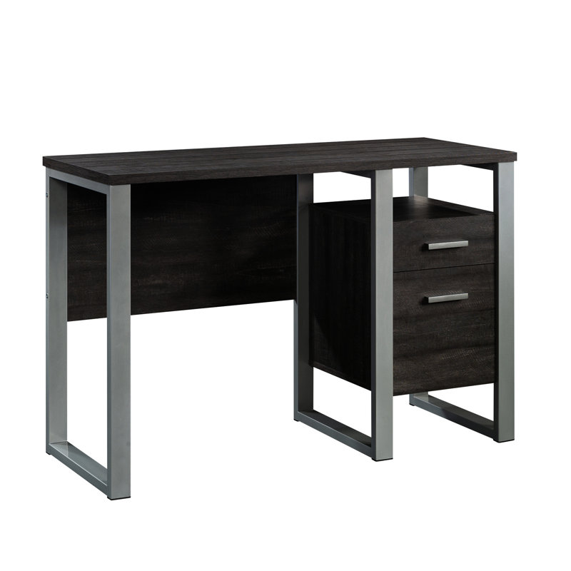 Bureau brun foncé pour atelier de loisirs créatifs et bureau, design compact à un seul piétement, tiroir de rangement avec butées métalliques, structure moderne noire et argentée, tiroir à fermeture fluide, 114 cm de long, 46 cm de hauteur