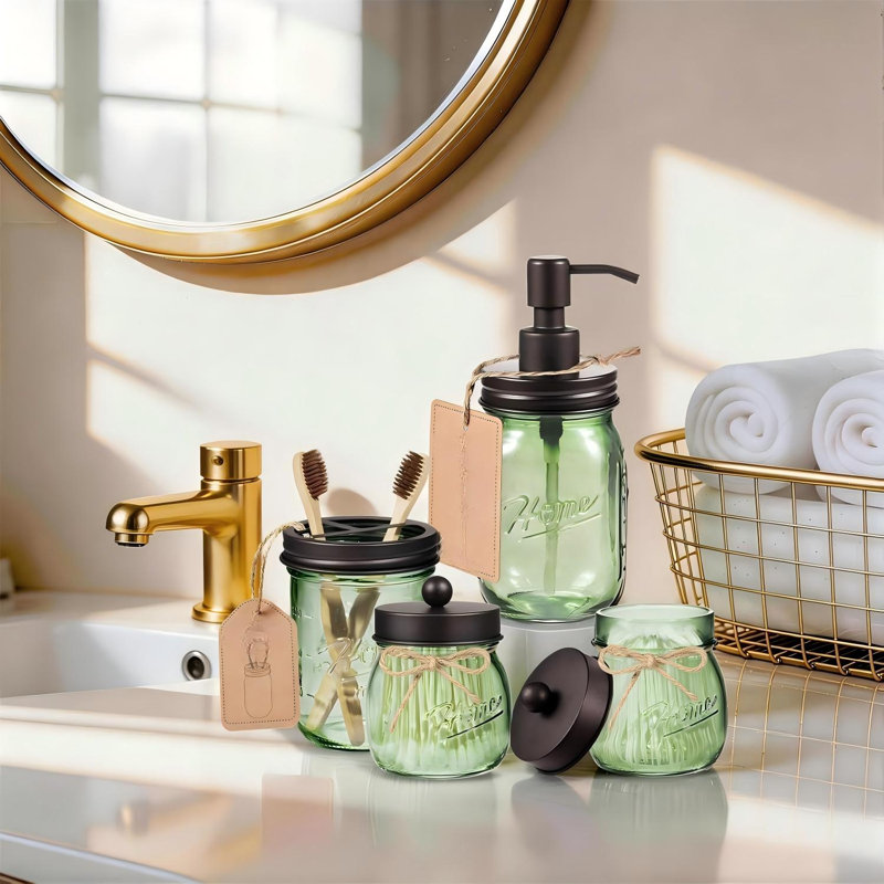 Ensemble d'accessoires de salle de bain en pots Mason, 4 pièces en verre vert