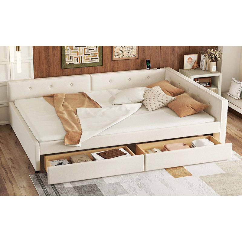 Lit plateforme tapissier avec port USB et 2 tiroirs, Lit double