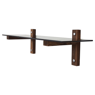 Tablette murale moderne avec cadre 100% verre trempé et bois de pin massif, 33,5 x 9,8 x 9,8 pouces | Épaisseur de 8 mm | Couleurs noyer et fumées élégantes | Parfait pour la décoration intérieure, l'organisation et la présentation d'articles