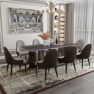 Ensemble de table de salle à manger 9 pièces en pierre frittée moderne avec 8 chaises en similicuir, base en U à double finition