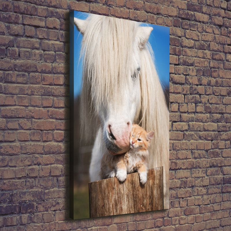 White Horse With A Cat - Wrapped Canvas Print