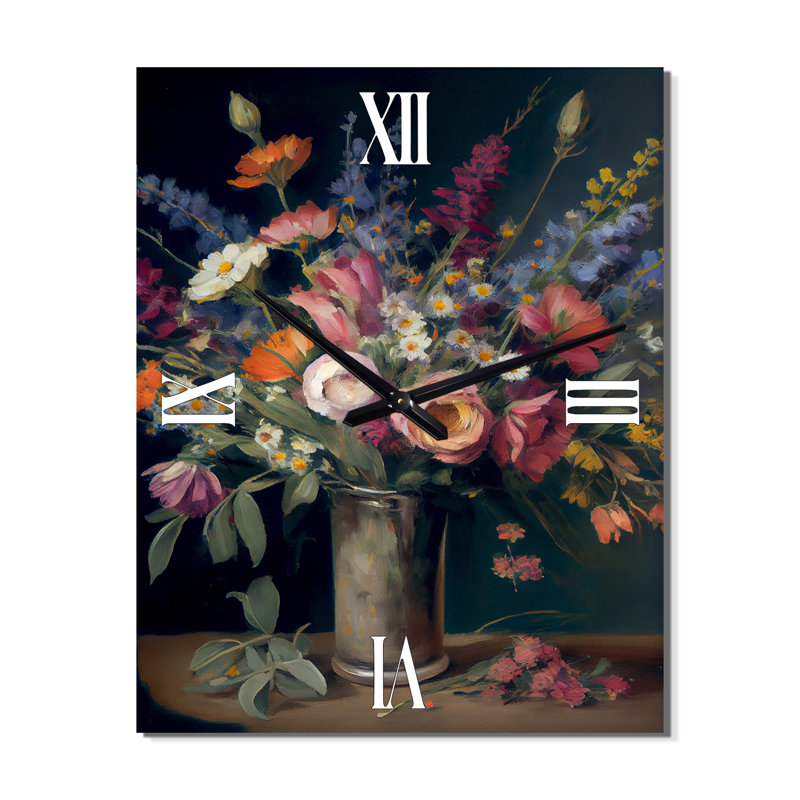 Horloge murale rétro nature morte avec fleurs sauvages I, Grand