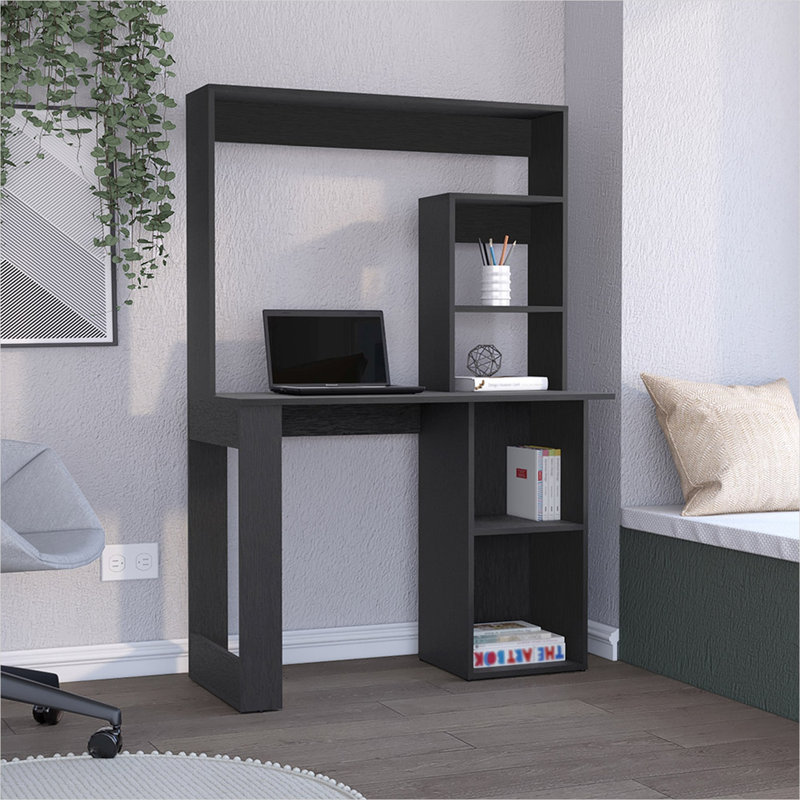 Bureau d'ordinateur avec huche et tablettes, conception compacte de 58,4 pouces de hauteur, bois d'ingénierie noir élégant