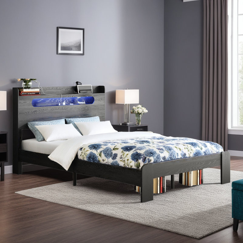 Lit plateforme avec tête de lit à DEL, ports USB et rangement sous le lit, Grand lit