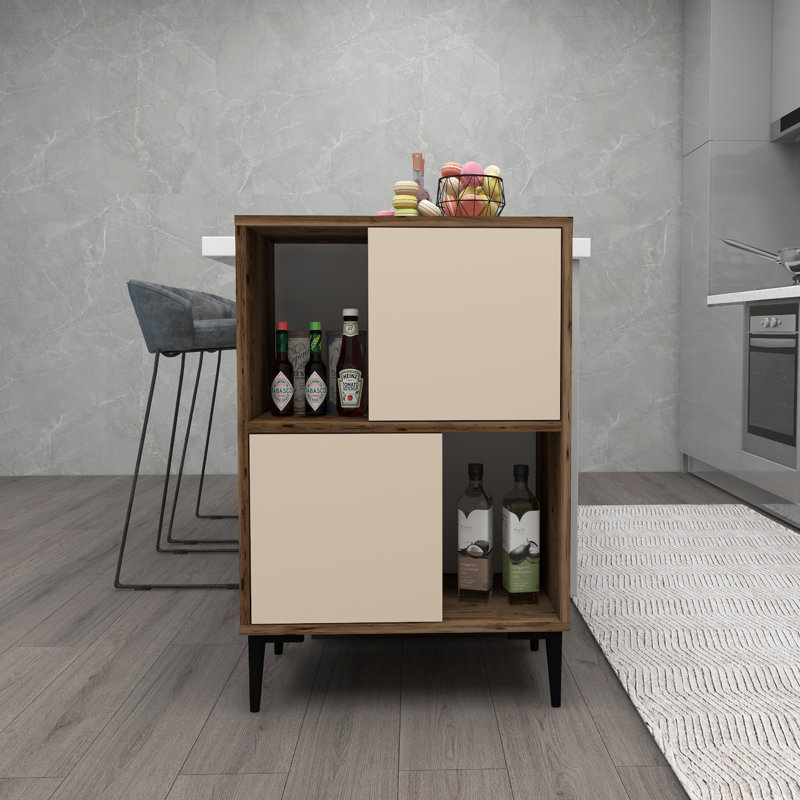 Teebar 387.1 cm W Display Cabinet, Light Walnut/Beige