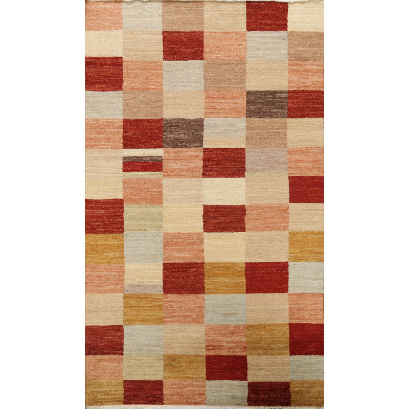 Tapis décoratif beige en laine noué à la main de conception unique 4 pi 5 po x 6 pi 5 po noué à la main New Age