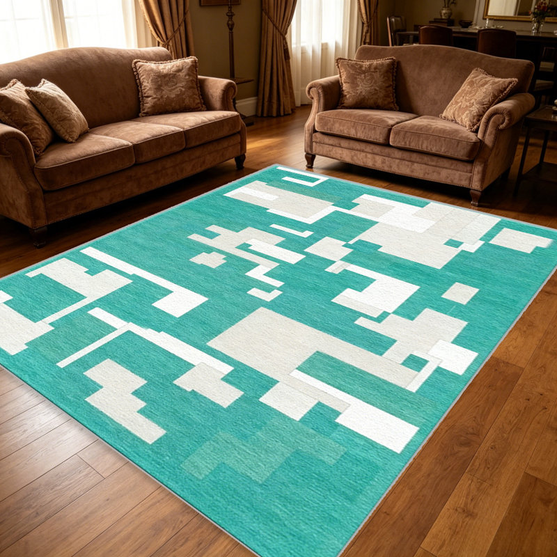 Turquoise Abstract Blocks carpet-easy to clean, machine-washable, soft and comfortable; suitable for door mats, kitchens, living rooms, bedrooms, corridors, and laundry areas. Easy to clean, durable carpet for home decoration.