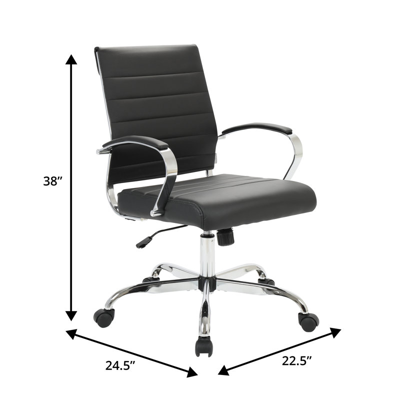 Mulkey Ribbed Faux Leather Mid-Back Office Chair, Mid Century Ergonomic Executive Desk Chair, Black