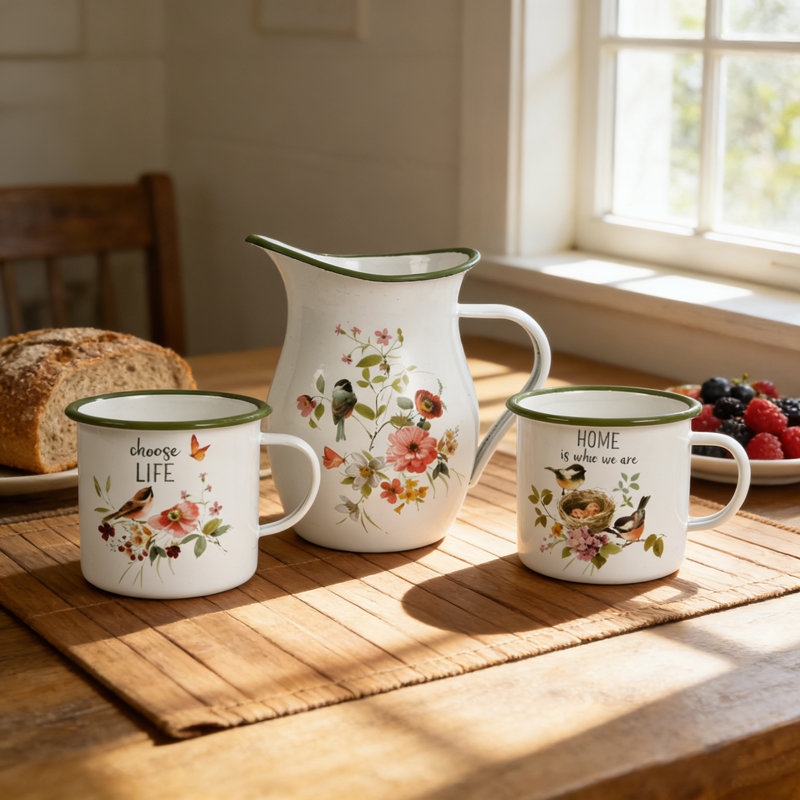 Vintage Floral Enamelware Coffee Mug Set with Pitcher, Bird and Botanical Print Farmhouse Kitchen Drinkware, Farmhouse Serving Set for Home or Outdoor, 3-Piece (2 Mugs + 1 Pitcher)