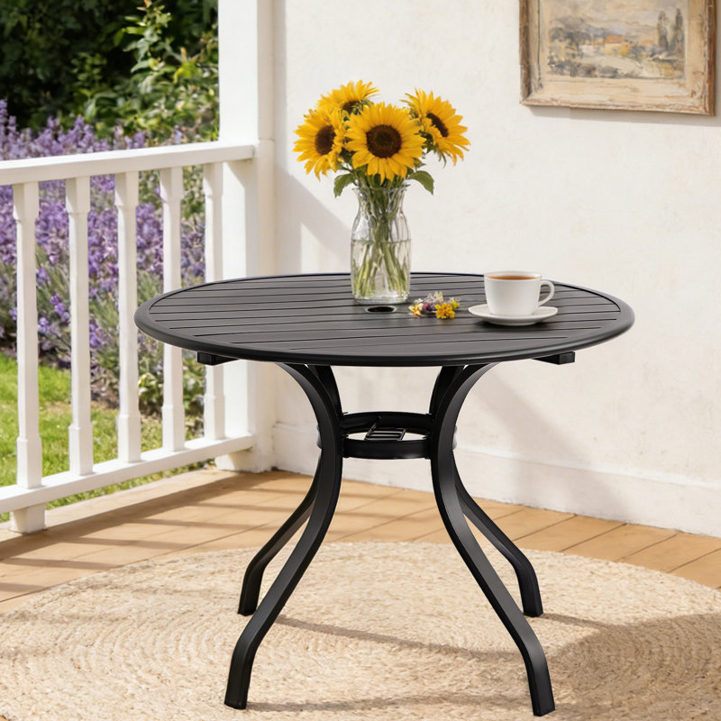 36" Round Black Metal Outdoor Patio Dining Table With 1.96" Umbrella Hole