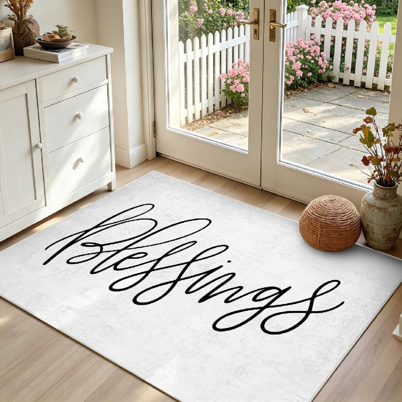 Tapis blanc à motif de lettres isolées à la main, Rectangle 39 po x 63 po