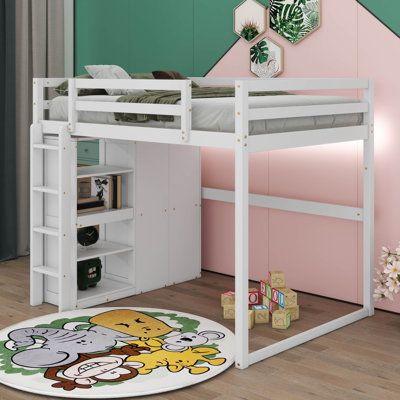 Lit mezzanine double en bois avec garde-robe intégré, tablettes et éclairage à DEL