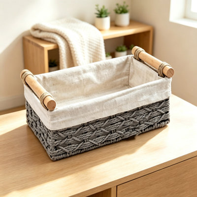 Ghost carrying a candy basket Hand Woven Storage Basket With Wooden Handles Decorative Basket For Shelves Bathroom Kitchen Closets Countertop Farmhouses Home Storage Organization