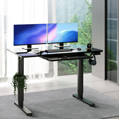 Markelle Home Office Tempered Glass Standing Desk with Drawer and Hooks