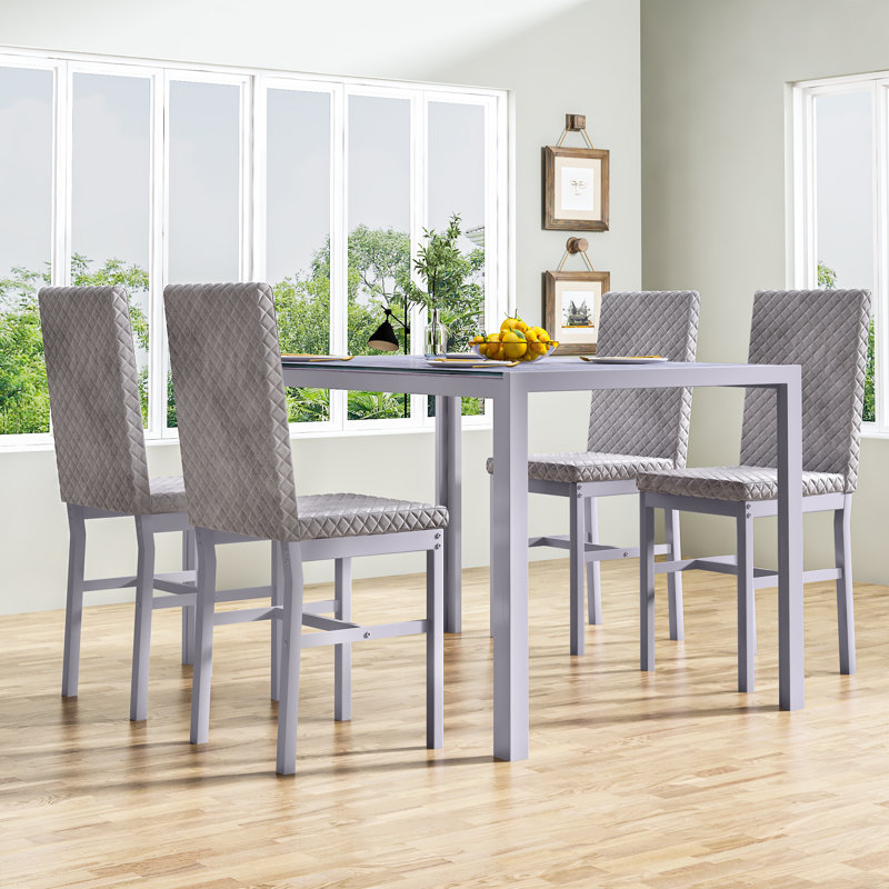 Ensemble de table de salle à manger rectangulaire en verre trempé pour 4 personnes, ensemble de table de salle à manger rectangulaire de style moderne avec 4 chaises rembourrées sans accoudoirs, table de cuisine et chaises pour petits espaces