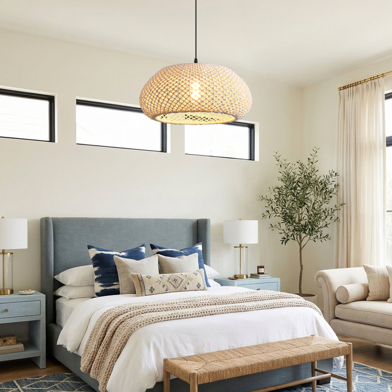 19" Modern White Handwoven Rope Dimmable 1-Light Single Pendant Light
