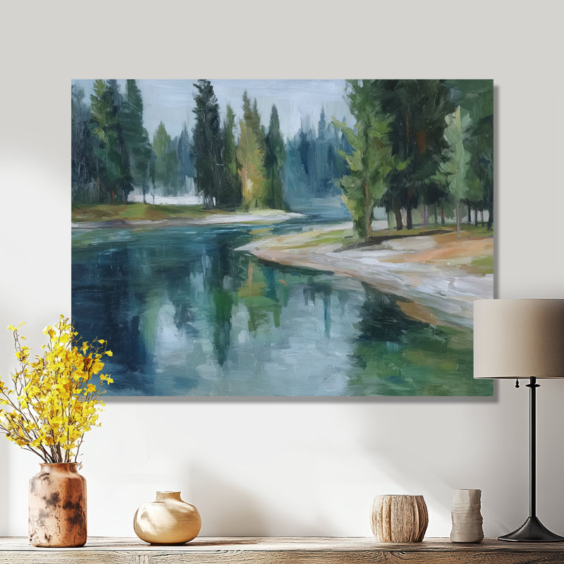 «Pine Trees Fraser River Calming Current - River Large Wall Art, Green Landscape», reproduction d'art sur toile encadrée