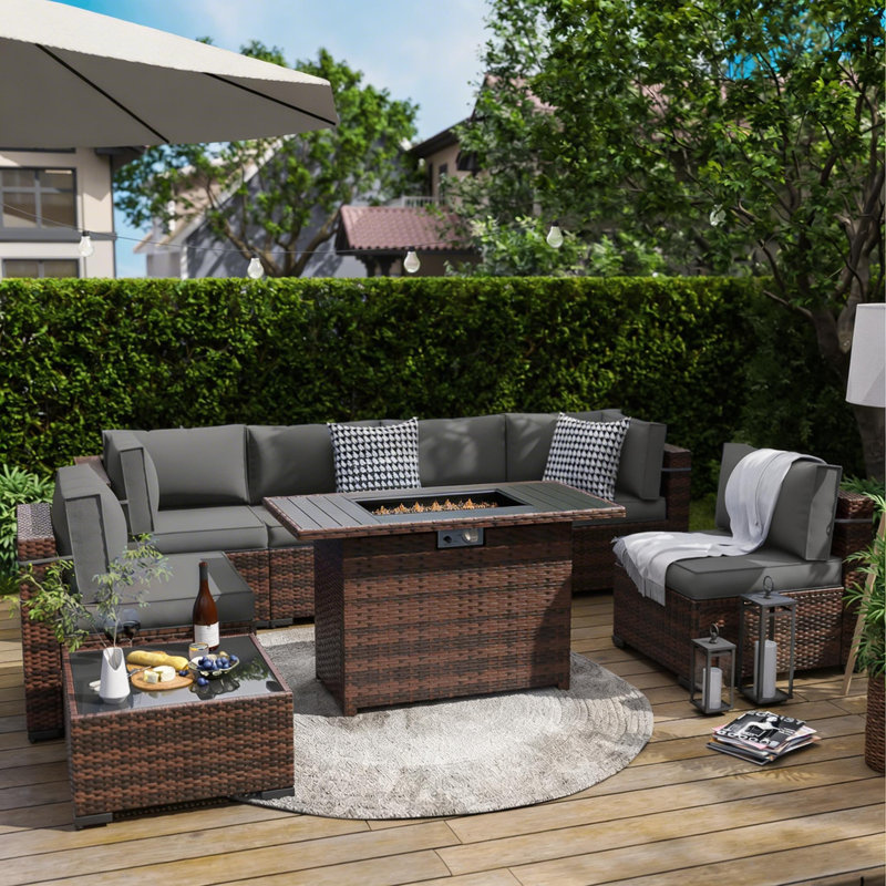 Ensemble de conversation pour patio 8 pièces avec foyer d'extérieur Romanas, Gris