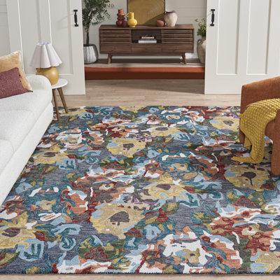 Tapis en laine / coton bleu clair / rouille touffeté à la main Akhira