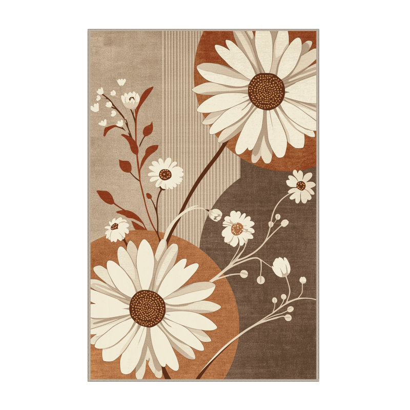 Machine Washable Parrilla Chamomile Scandinavian Clear Rug in Brown – Beige Binding, 5x8