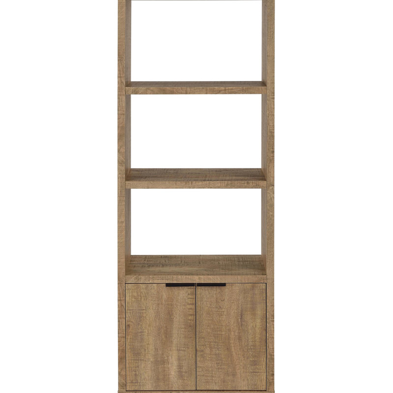 3 tablettes, bois d'ingénierie, tour média, couleur manguier, présentoir ouvert, photos, œuvres d'art, armoire dissimulée, figurants, finitions impeccables, tablettes arrière, art, deux cordons de porte, jeux