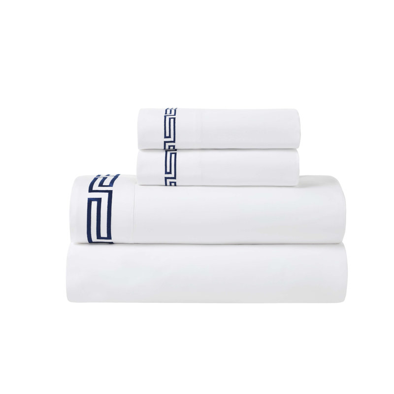 Ensemble de draps Harrison, Ensemble de draps pour taille de lit simple avec u, Blanc/bleu marine