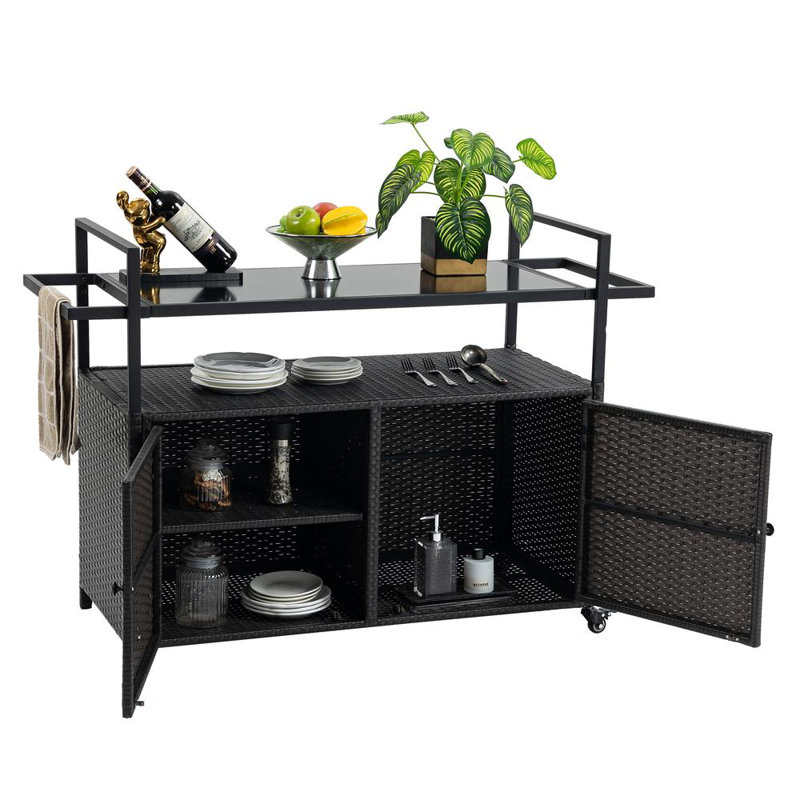 Versatile Design Glass Tabletop Outdoor Wicker Bar Cart With Wheels, Black