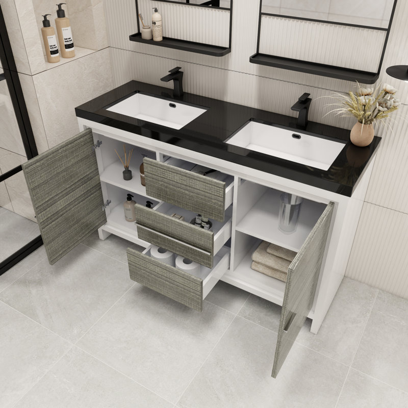 Ensemble de meuble-lavabo double 60 po Bayyinahi, Gris cendré ultrabrillant
