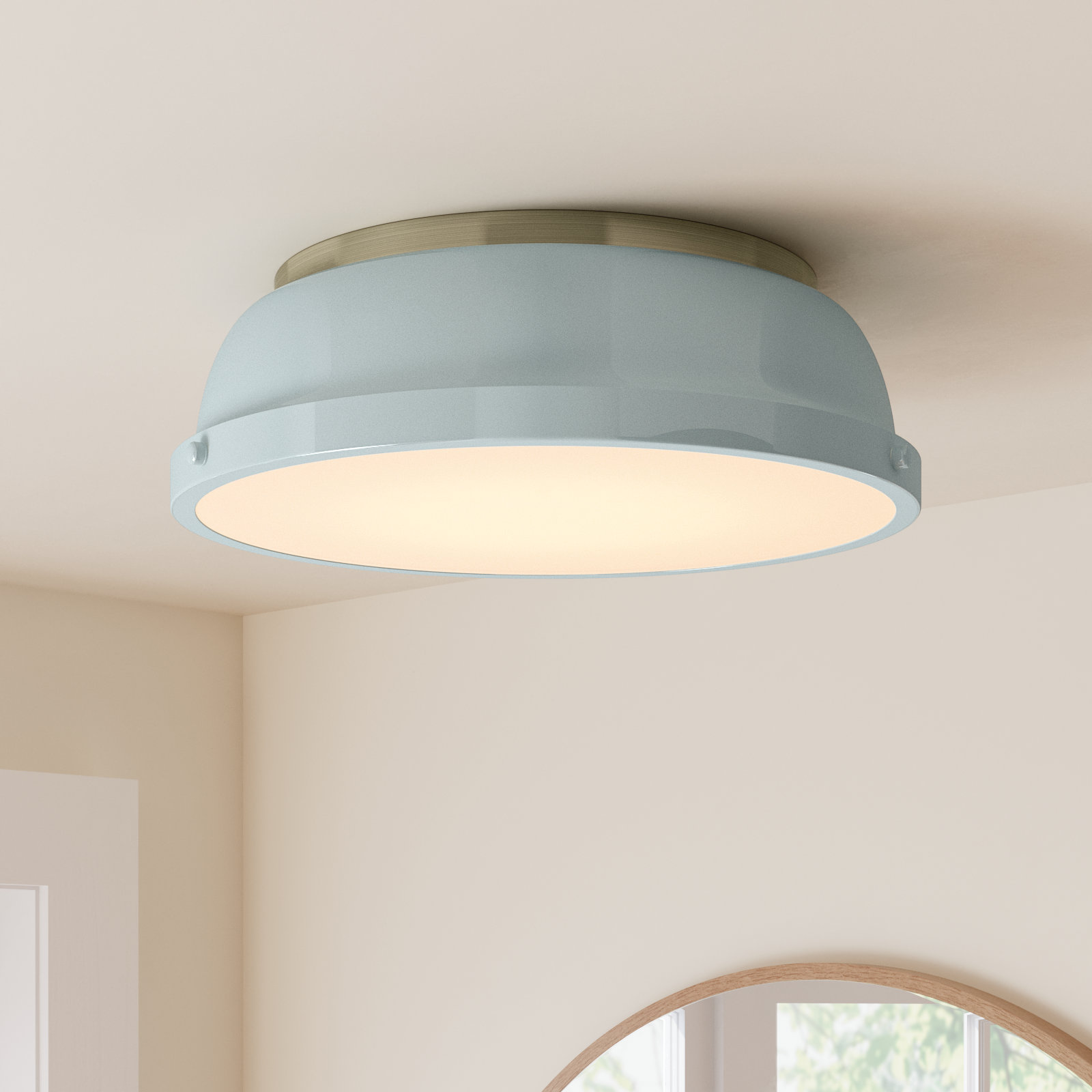 Calico 2 Light Steel Flush Mount, Aged Brass, Seafoam